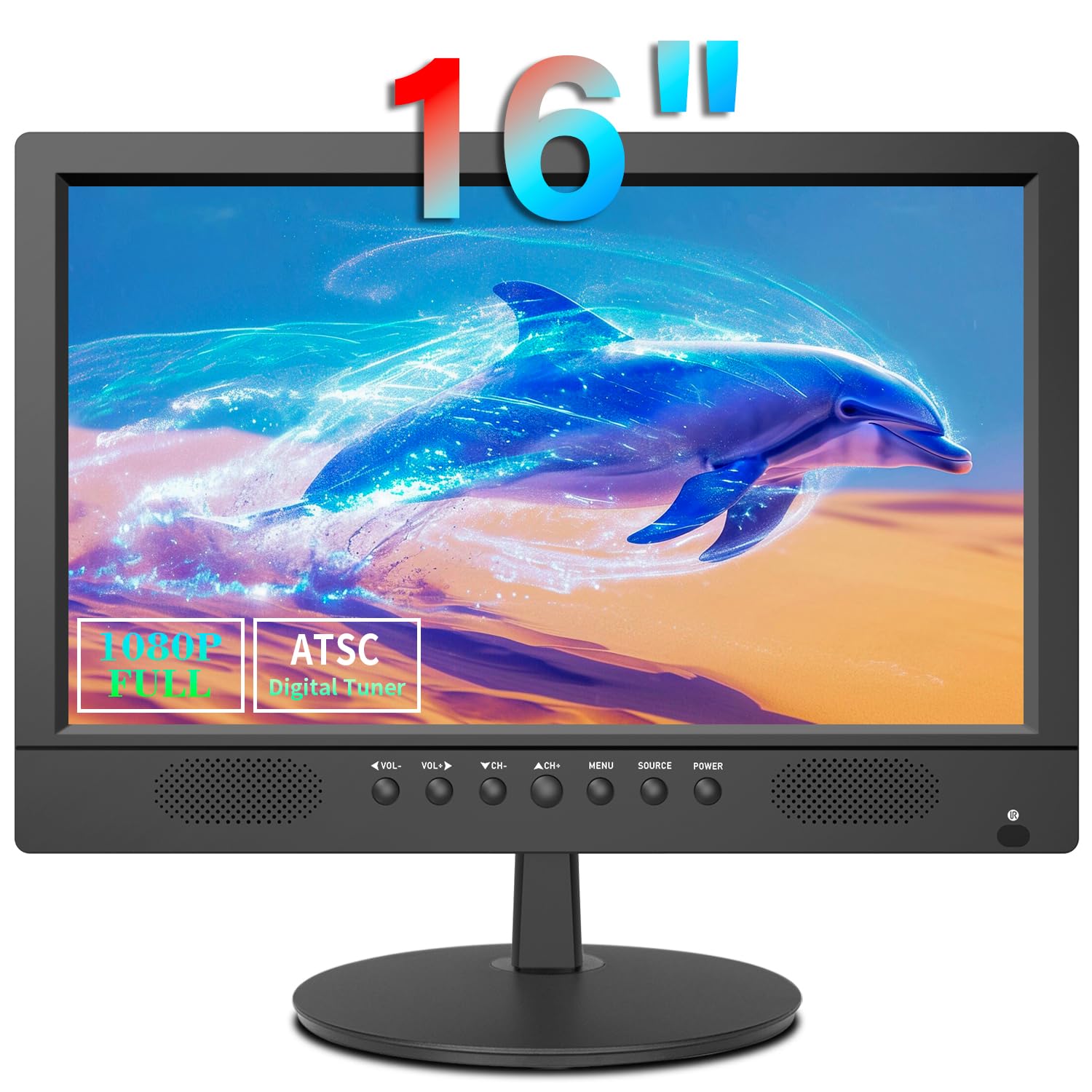 Jexiop 16 inch Flat Screen TV,Small TV with Remote Control-Perfect Full HD 1080P for Kitchen,Dual Power DC-12V & AC AC Adapter I